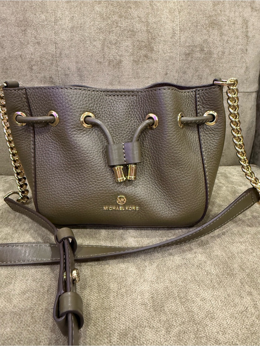 Michael Kors Phoebe Olive Green Leather Drawstring Crossbody with Gold Accents